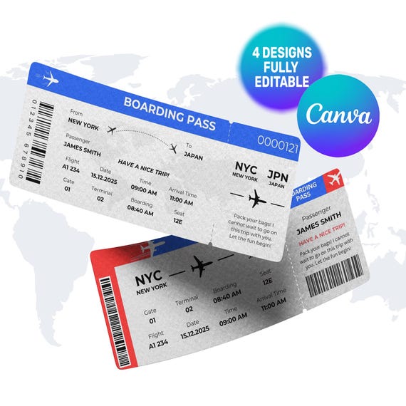 Editable Boarding Pass Template, Printable Personalized Airline Ticket, Birthday Surprise Ticket, Canva Template, Instant Download
