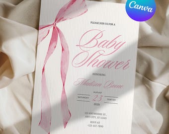 Vintage Pink Bow Baby Shower Invitation | Editable Canva Template (Digital Download)