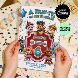 Edytowalny szablon zaproszenia urodzinowego Paw-ty | Zaproszenie na imprezę dla dzieci do druku | Urodziny chłopców i dziewcząt Puppy Patrol Pup Crew (do natychmiastowego pobrania)