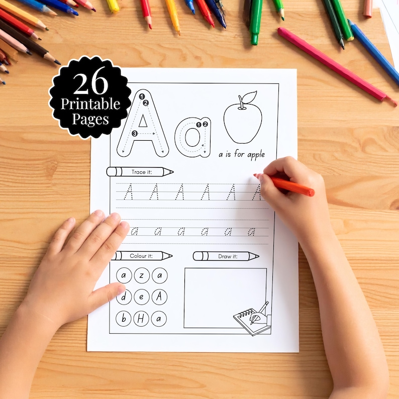 26 Printable Alphabet Worksheets | Alphabet Writing Letter Tracing for Preschool | Literacy Download | Coloring + Drawing | Alphabet Print, alphabet printable, tracing worksheets, Alphabet Worksheets, daycare learning, letter worksheets, tracing name, Letter Tracing, alphabet writing, Gifts for Kids, preschool worksheet, Alphabet Worksheet, literacy download, alphabet tracing