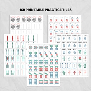 May include: A collection of 160 printable Mahjong practice tiles. The tiles feature various symbols, numbers, and Chinese characters in red, green, and blue on a white background. The text "JOKER" is also visible on some tiles.