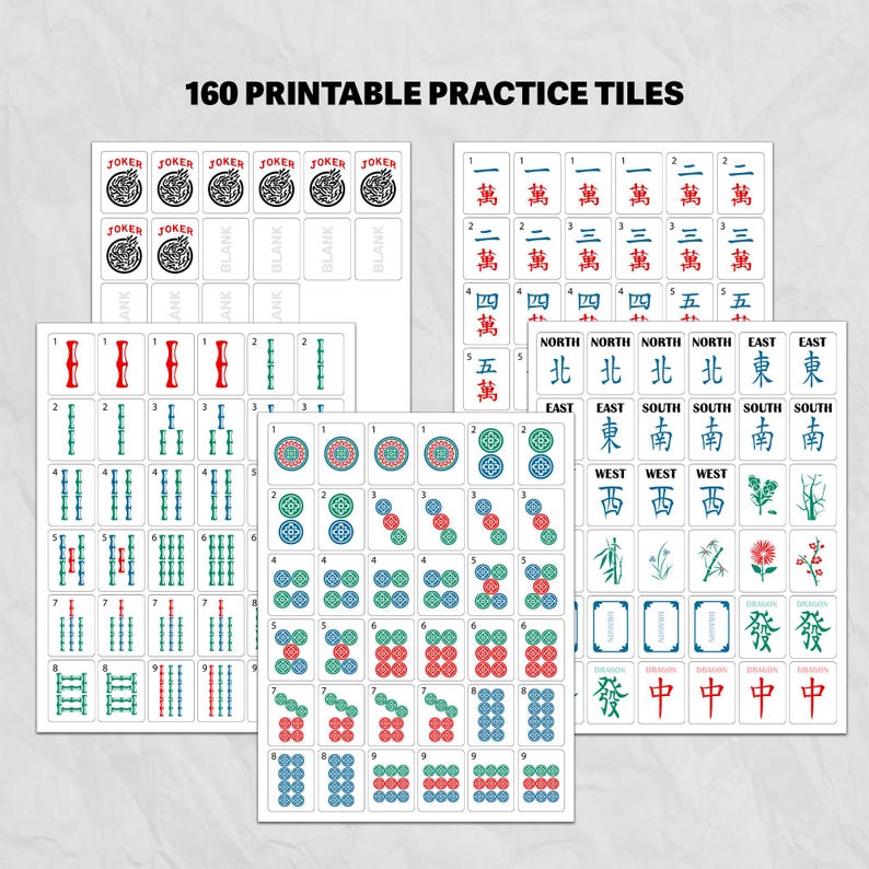 May include: A collection of 160 printable Mahjong practice tiles. The tiles feature various symbols, numbers, and Chinese characters in red, green, and blue on a white background. The text "JOKER" is also visible on some tiles.