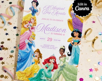 Watercolor Princess Birthday Invitation | Canva Editable Template (Digital Download)