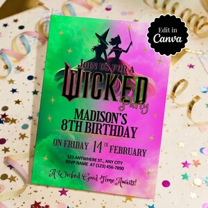 Wicked Birthday Party Invitation, Elphaba & Glinda Theme (Canva Editable)