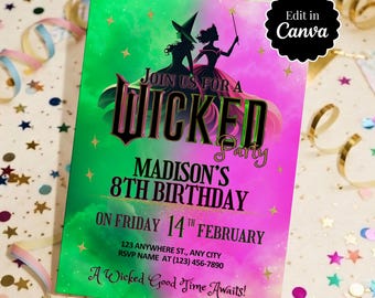 Wicked Birthday Party Invitation, Elphaba & Glinda Theme (Canva Editable)