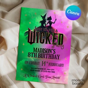 Wicked Birthday Party Invitation, Wicked party invitation, WICKED inspired Movie ticket, Elphaba & Glinda Theme, Movie party, Canva Editable