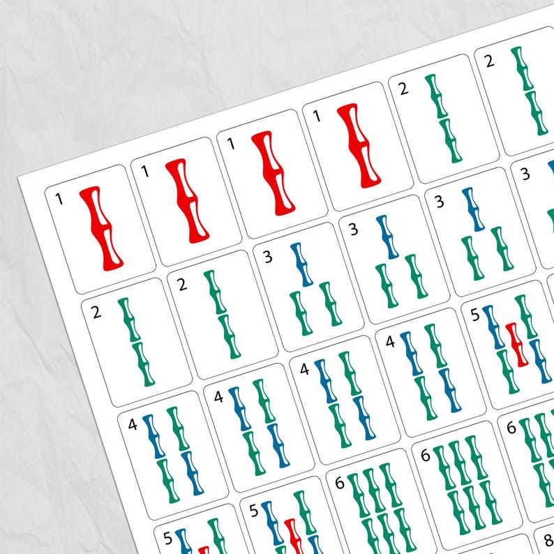 May include: A close-up of a sheet of Mahjong tiles. The tiles are white with various red, green, and blue bamboo symbols and numbers. The numbers range from 1 to 8. The tiles are arranged in a grid pattern.