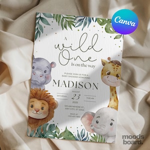 A Little Wild One is on the Way Safari Baby Shower Invitation, Jungle Theme Boy or Girl Shower, Greenery Invite, Editable Canva Template