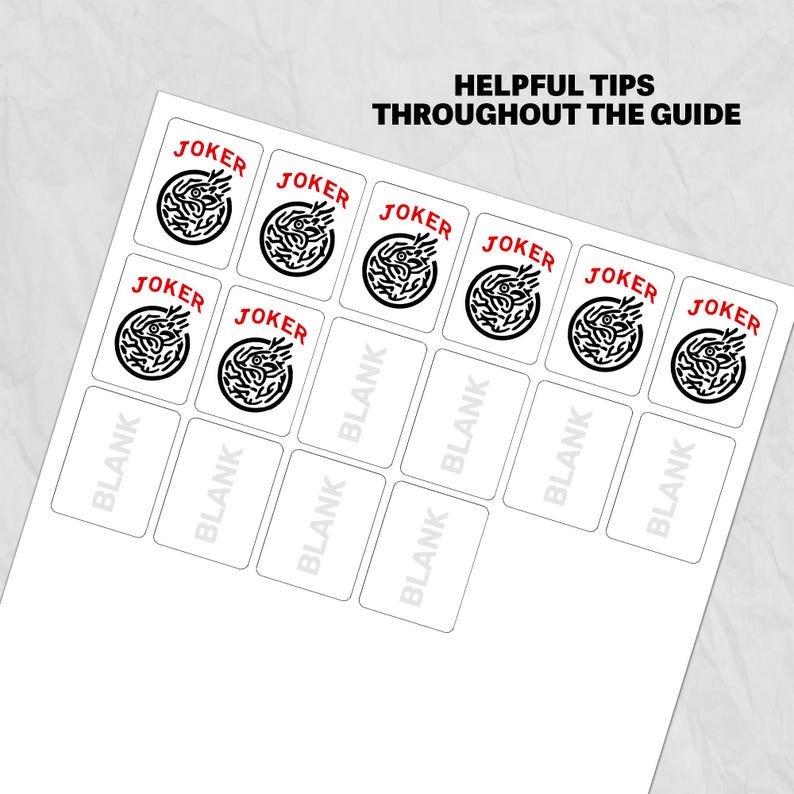 May include: A sheet of playing card stickers with the words "JOKER" and "BLANK" printed on them. The "JOKER" cards have a black and white circular design. The text "HELPFUL TIPS THROUGHOUT THE GUIDE" is at the top.