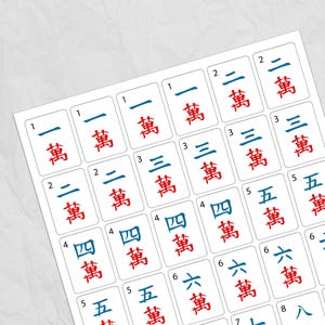 May include: A collection of white Mahjong tiles with blue and red Chinese characters. The tiles are arranged in a grid pattern, displaying numbers and suits. The image is taken from a high-angle perspective.