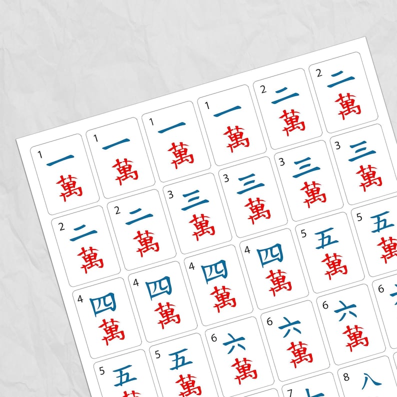 May include: A collection of white Mahjong tiles with blue and red Chinese characters. The tiles are arranged in a grid pattern, displaying numbers and suits. The image is taken from a high-angle perspective.