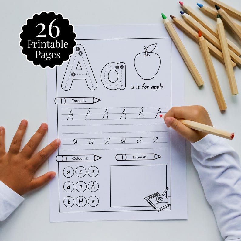 26 Printable Alphabet Worksheets | Alphabet Writing Letter Tracing for Preschool | Literacy Download | Coloring + Drawing | Alphabet Print, alphabet printable, tracing worksheets, Alphabet Worksheets, daycare learning, letter worksheets, tracing name, Letter Tracing, alphabet writing, Gifts for Kids, preschool worksheet, Alphabet Worksheet, literacy download, alphabet tracing