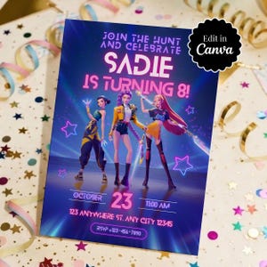 Convite de Aniversário K Pop Hunter | Modelo Editável | Tema Anime Kpop | Download Digital | Cartão de Aniversário Infantil