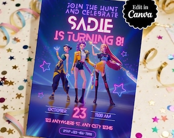 Invitación de cumpleaños de K-Pop Hunter / Plantilla editable / Tema de anime K-pop / Descarga digital / Tarjeta de cumpleaños para niños