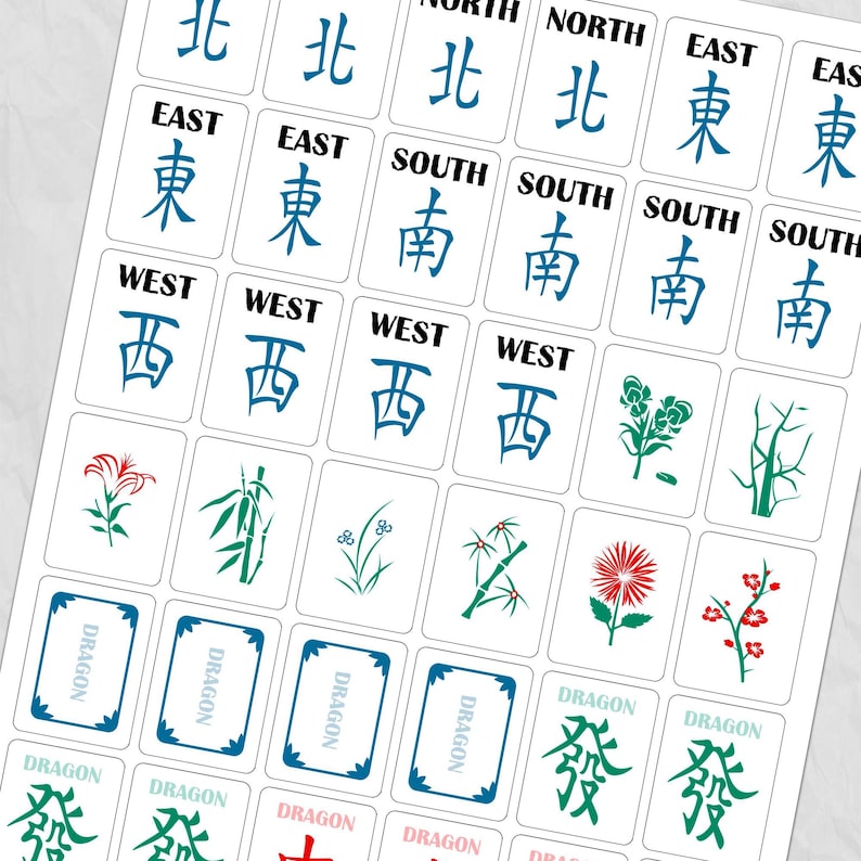 May include: A sheet of white Mahjong tiles with blue and green symbols and characters. The tiles feature directional symbols like East, West, South, and North, along with floral and dragon designs. The word "DRAGON" is also visible.