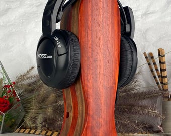 Wooden Headphone Stand, Padauk & Walnut, with Hidden Cable Compartment, Extra Height 30 cm