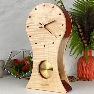 Handcrafted Wooden Mantel Clock with Pendulum – Sycamore Maple & Padauk