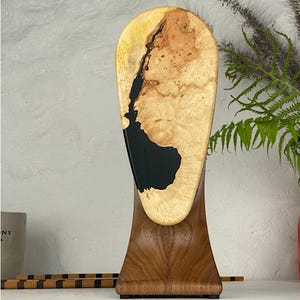 May include: A vertical display stand featuring a polished light-coloured wood burl slab with a prominent black resin inlay. The slab is mounted on a solid, dark-toned wooden base with a curved, flared design that provides a stable foundation.