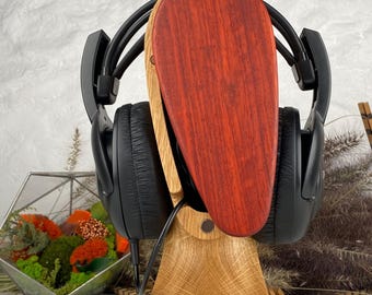 Handcrafted Headphone Stand from Oak, Padauk & Walnut  with Hidden Cable Compartment