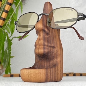 Sculptured Walnut Wood Eyeglasses Holder - Quirky Wooden Gift of Premium Quality - For the Proud Glasses Lover – Give Your Specs a Face!
