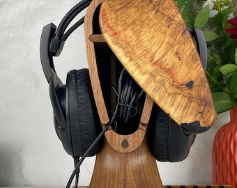 Handcrafted Walnut Wooden Headphone Stand: Hidden Cable Compartment Design
