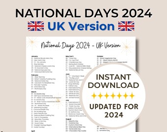 UK 2024 Holidays, National Day Calendar UK, Social Media Ideas, Fun Theme Days 2024, 2024 Important Days, 2024 Calendar, Awareness Days UK