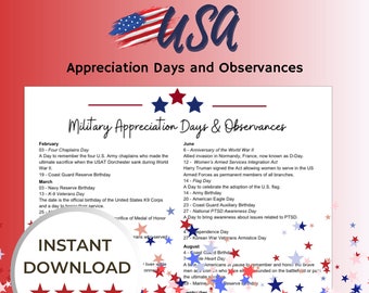 Military Appreciation,  Military National Days Calendar, US Military Days, Military Holidays and Observances, Armed Forces, Military, USA