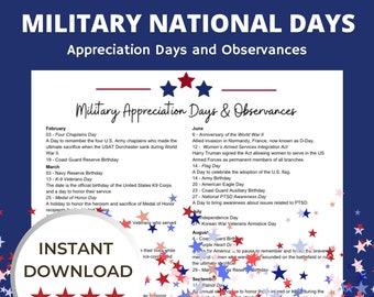 Military Appreciation,  Military National Days Calendar, US Military Days, Military Holidays and Observances, Armed Forces, Military, USA