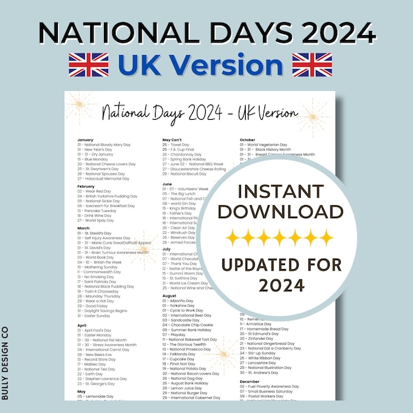 UK 2024 Holidays, National Day Calendar UK, Social Media Ideas, Fun Theme Days 2024, 2024 Important Days, 2024 Calendar, Awareness Days UK