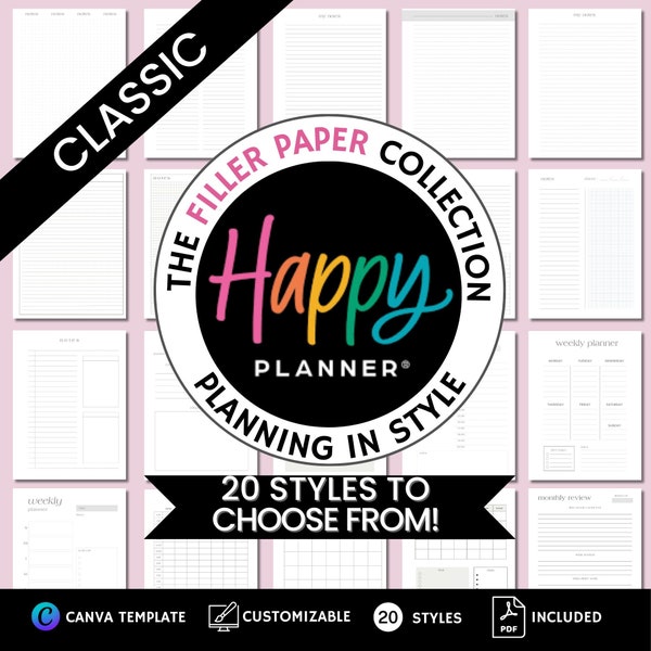 Happy Planner, Filler Paper, Classic Size, Printable, Inserts, Instant Download, Customizable, Grid Paper, Lined Paper, Paper Pack,