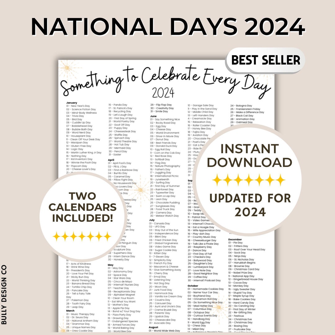 2024 Holidays, National Day Calendar, Social Media Ideas, Fun Theme Days  2024, 2024 Important Days, National Days Bundle, - Etsy