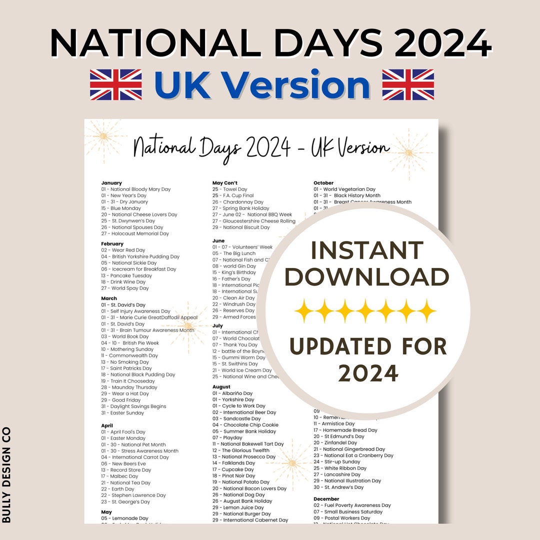 UK 2024 Holidays National Day Calendar UK Social Media Ideas Fun Theme