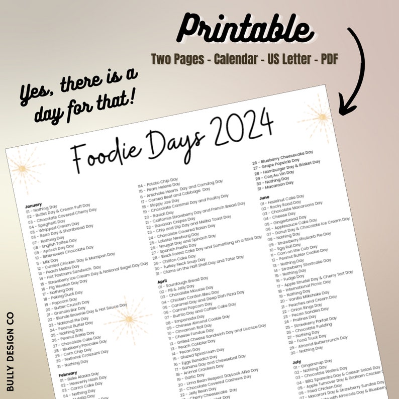 Days to Celebrate 2024 Foodie Days Calendar Social Media Etsy
