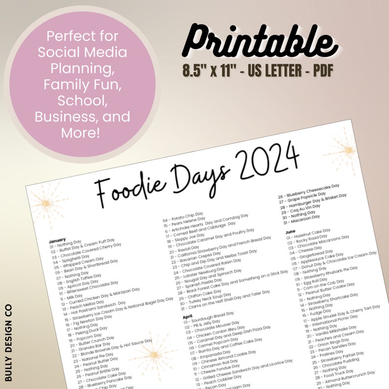 Days to Celebrate 2024 Foodie Days Calendar Social Media Etsy