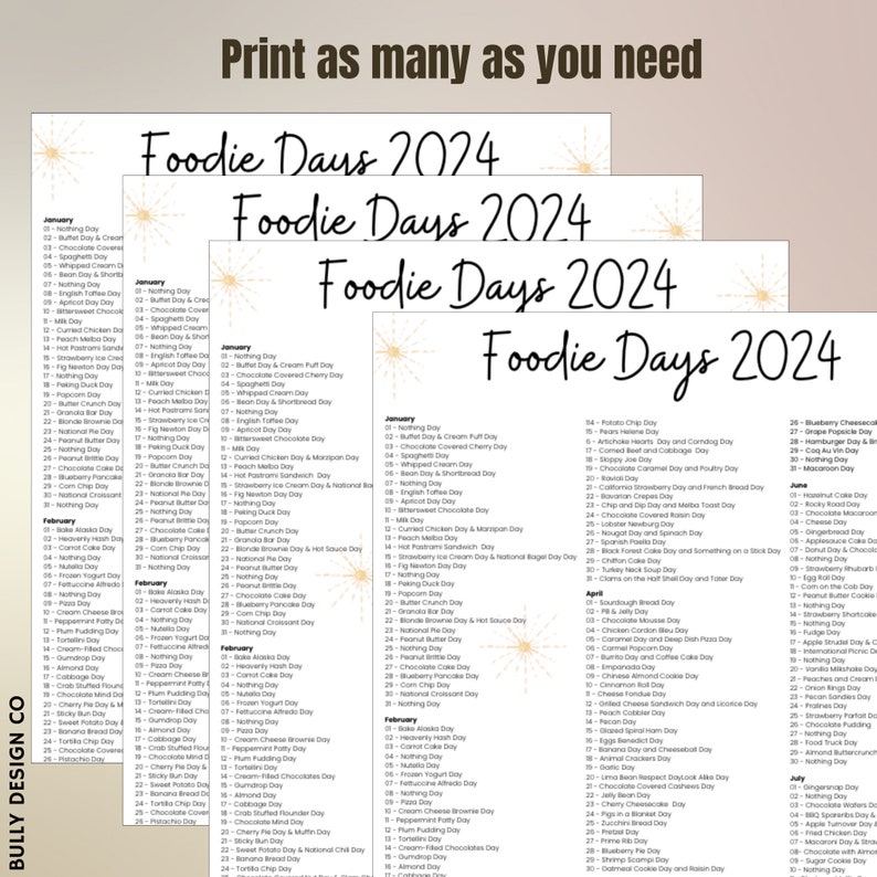 Days to Celebrate 2024 Foodie Days Calendar Social Media Etsy