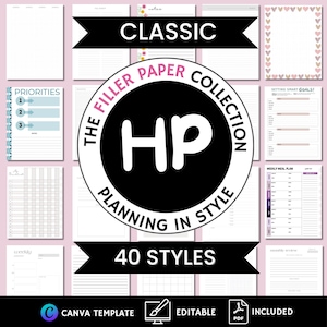 May include: A collage of 40 different printable planner pages in black and white with pink accents. The pages include a weekly meal plan, a monthly review, a weekly planner, a notes page, a priorities page, and a setting smart goals page. The text "CLASSIC THE FILLER PAPER COLLECTION HP PLANNING IN STYLE 40 STYLES CANVA TEMPLATE EDITABLE PDF INCLUDED" is displayed on the image.