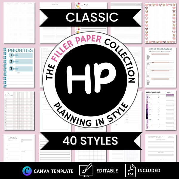 Papel de relleno para agenda clásica: 40 diseños, plantillas editables de Canva (descarga en PDF)