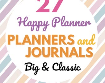 Puede incluir: Un gráfico digital con el texto 27 Happy Planner PLANNERS and JOURNALS Big & Classic sobre un fondo de círculo blanco con rayas diagonales en tonos pastel. La parte inferior incluye iconos de plantilla Canva, editable y PDF.