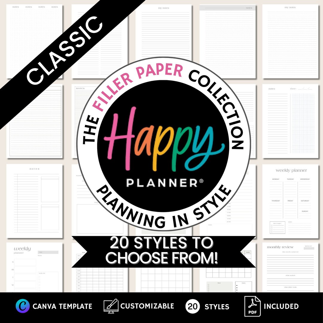 Happy Planner, Filler Paper, Classic Size, Printable, Inserts, Instant