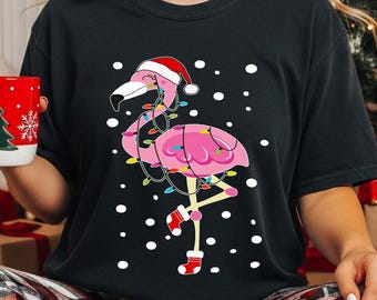 Flamingo Santa Shirt, Santa Beach Shirt, Christmas Flamingo Shirt, Tropical Christmas, Pink Flamingo Christmas Tee, Christmas At The Beach