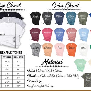 The image displays a collection of t-shirt designs, including color charts and size charts, along with details about the materials used.