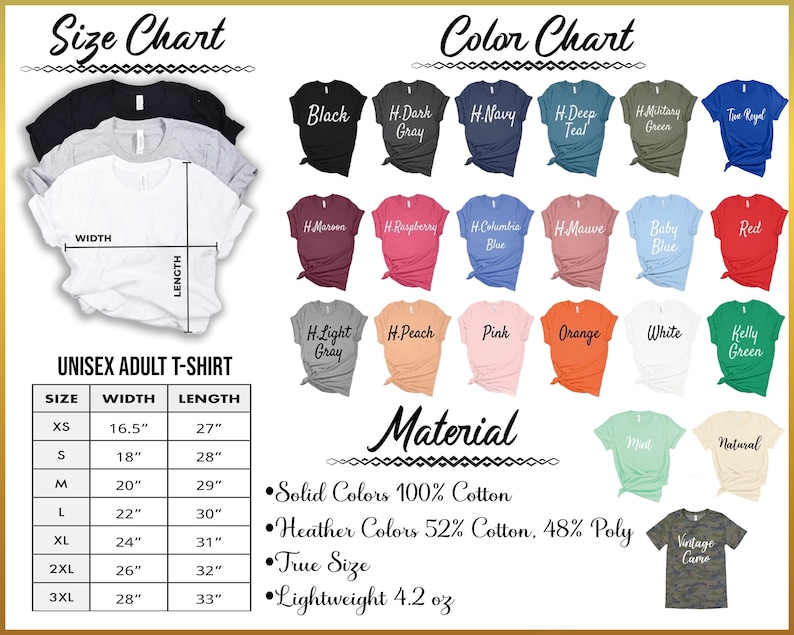 The image displays a collection of t-shirt designs, including color charts and size charts, along with details about the materials used.