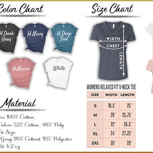 The image displays a collection of t-shirts with various sizes and colors, along with their corresponding measurements and material information.