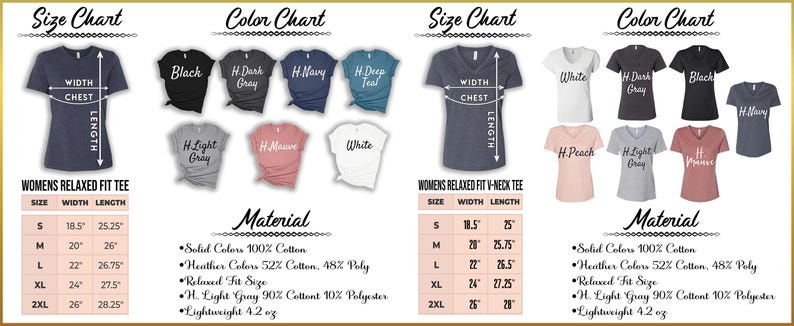 The image displays a collection of t-shirts with various sizes and colors, along with their corresponding measurements and material information.