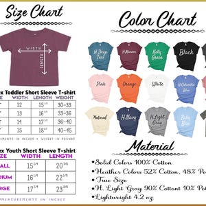 The image displays a size chart and color chart for a collection of youth short sleeve t-shirts. The size chart provides measurements for different age groups, including toddler, youth, and adult sizes, along with corresponding width and length. The color chart lists the available colors for each size, along with the material and weight of each color. The chart is organized in a clear and concise manner, making it easy to understand the available options for customers.