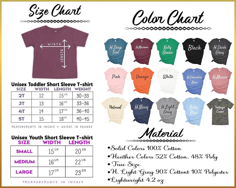 The image displays a size chart and color chart for a collection of youth short sleeve t-shirts. The size chart provides measurements for different age groups, including toddler, youth, and adult sizes, along with corresponding width and length. The color chart lists the available colors for each size, along with the material and weight of each color. The chart is organized in a clear and concise manner, making it easy to understand the available options for customers.