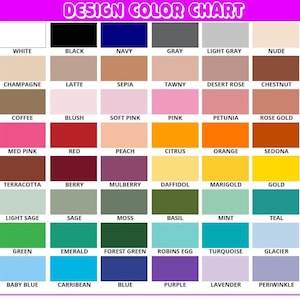 Puede incluir: Una carta de colores de dise&ntilde;o con una variedad de muestras de colores, incluyendo blanco, negro, azul marino, gris y gris claro. La carta tambi&eacute;n presenta tonos como rosa, rojo, naranja y verde, con el texto "DESIGN COLOR CHART" en la parte superior.