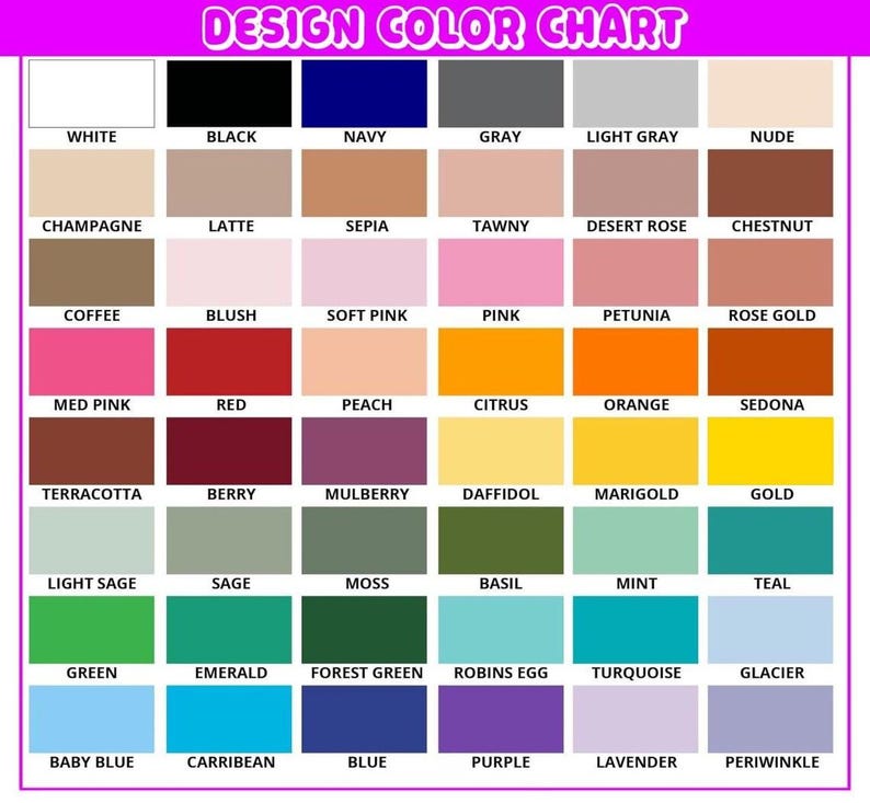 Puede incluir: Una carta de colores de dise&ntilde;o con una variedad de muestras de colores, incluyendo blanco, negro, azul marino, gris y gris claro. La carta tambi&eacute;n presenta tonos como rosa, rojo, naranja y verde, con el texto "DESIGN COLOR CHART" en la parte superior.