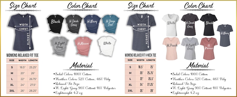 The image displays a collection of t-shirts with various sizes and colors, along with their corresponding measurements and material information.