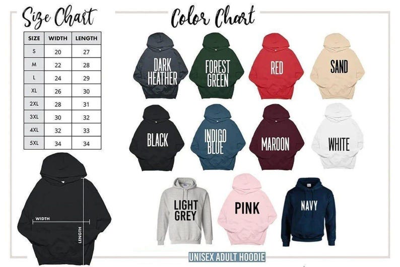 Op de afbeelding: Afbeelding van een maat- en kleurentabel voor unisex hoodies voor volwassenen. De kleurentabel toont hoodies in verschillende kleuren, waaronder donkergrijs, bosgroen, rood, zand, zwart, indigoblauw, bordeaux, wit, lichtgrijs, roze en marineblauw.